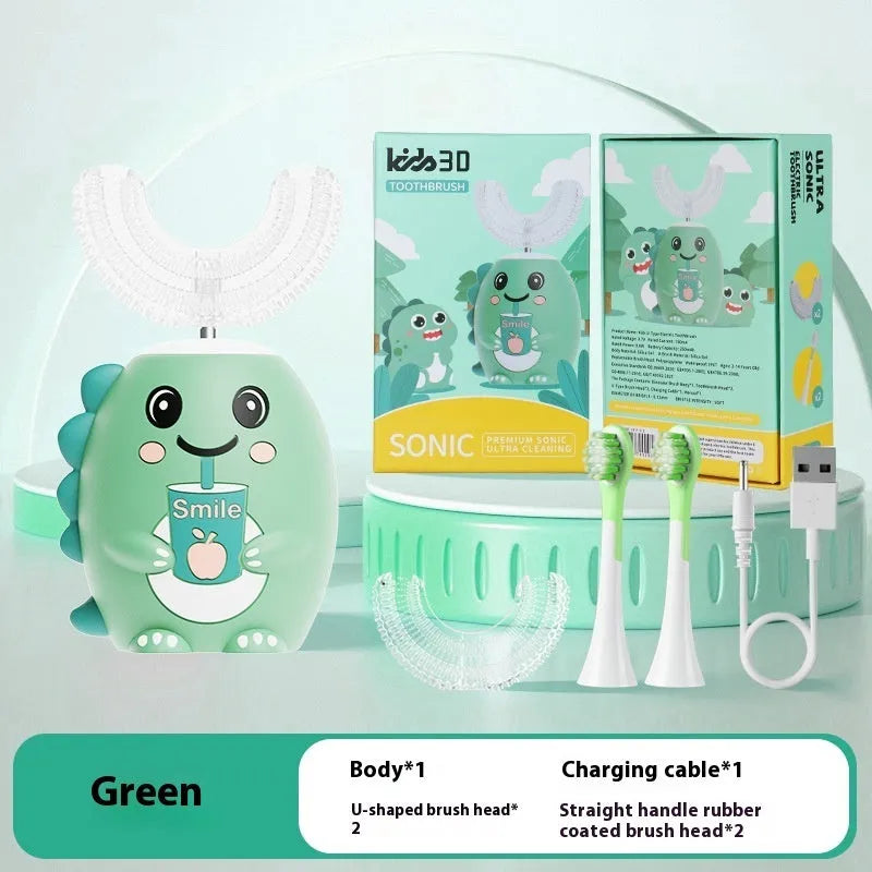 Children's cartoon dinosaur electric toothbrush with U-shaped silicone brush heads, straight handle brush heads, DC charger, in green, pink or blue