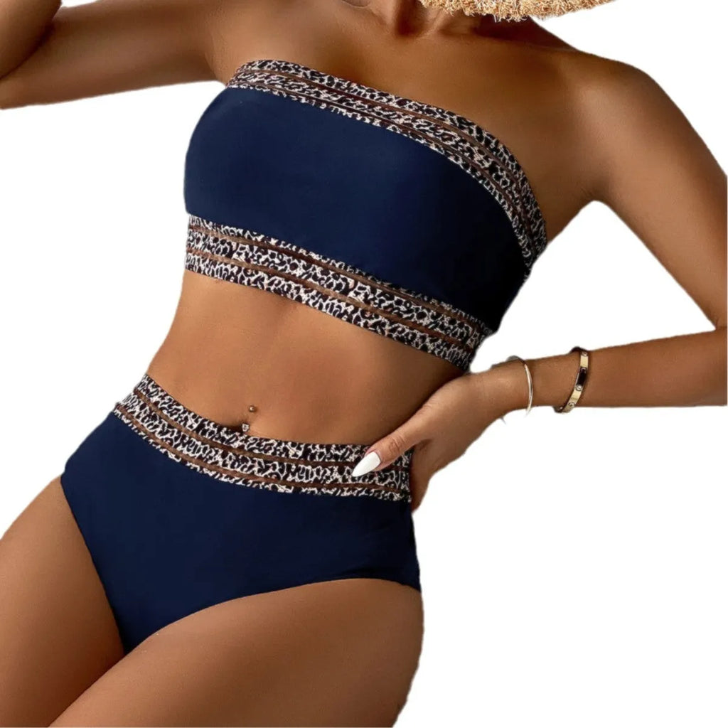 New women's bikini tube top split swimsuit two-piece in black stripes polyester
