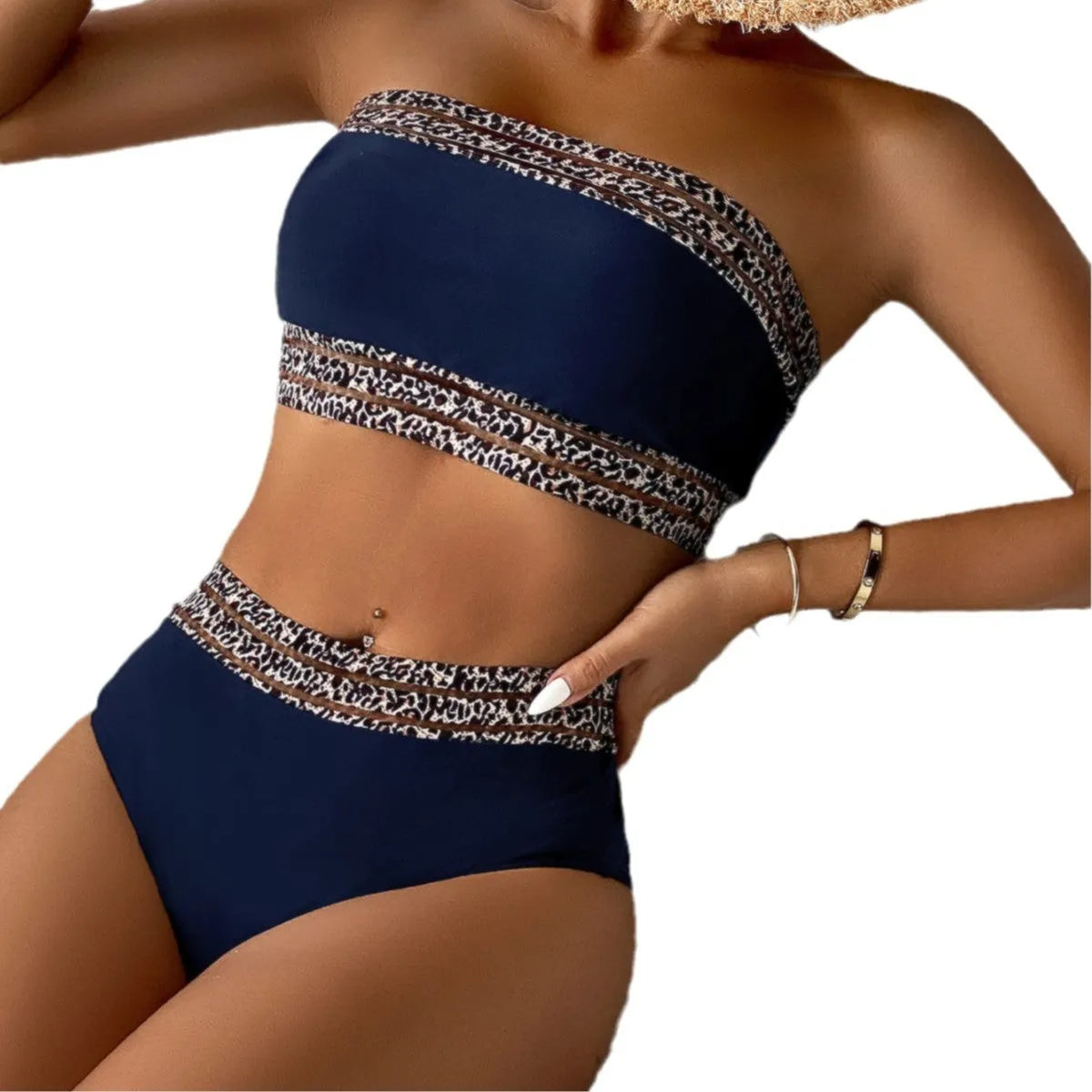New women's bikini tube top split swimsuit two-piece in black stripes polyester