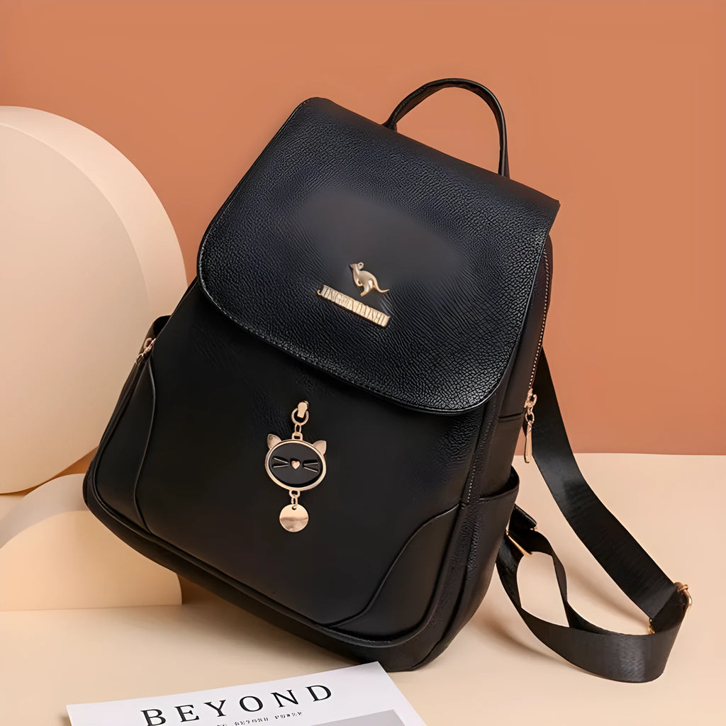 Casual women's leather backpack in street trend style with three-dimensional pockets