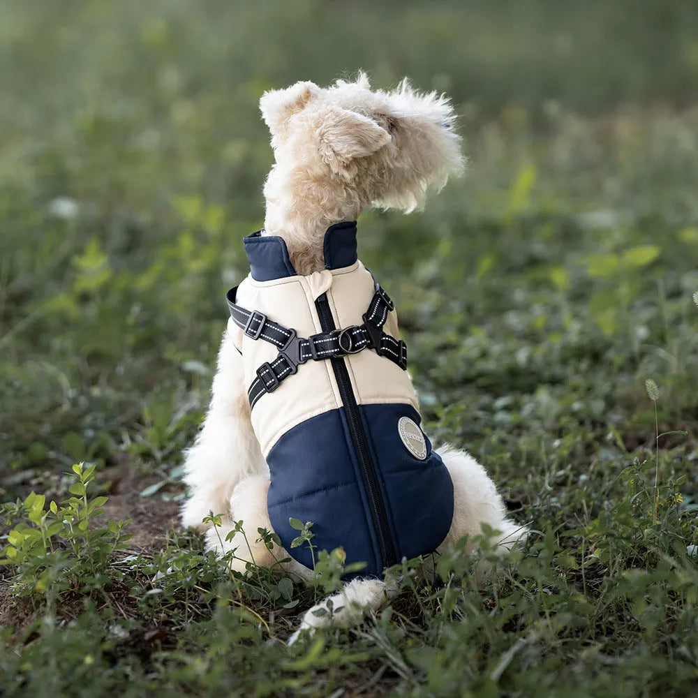 Windproof polyester dog coat in navy blue with integrated chest and back design