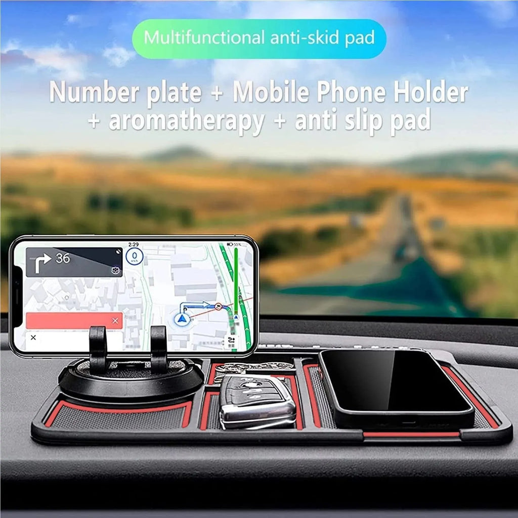 Black non-slip car phone pad with red edge on dashboard, 4-in-1 design with 360 degree rotation, PVC material