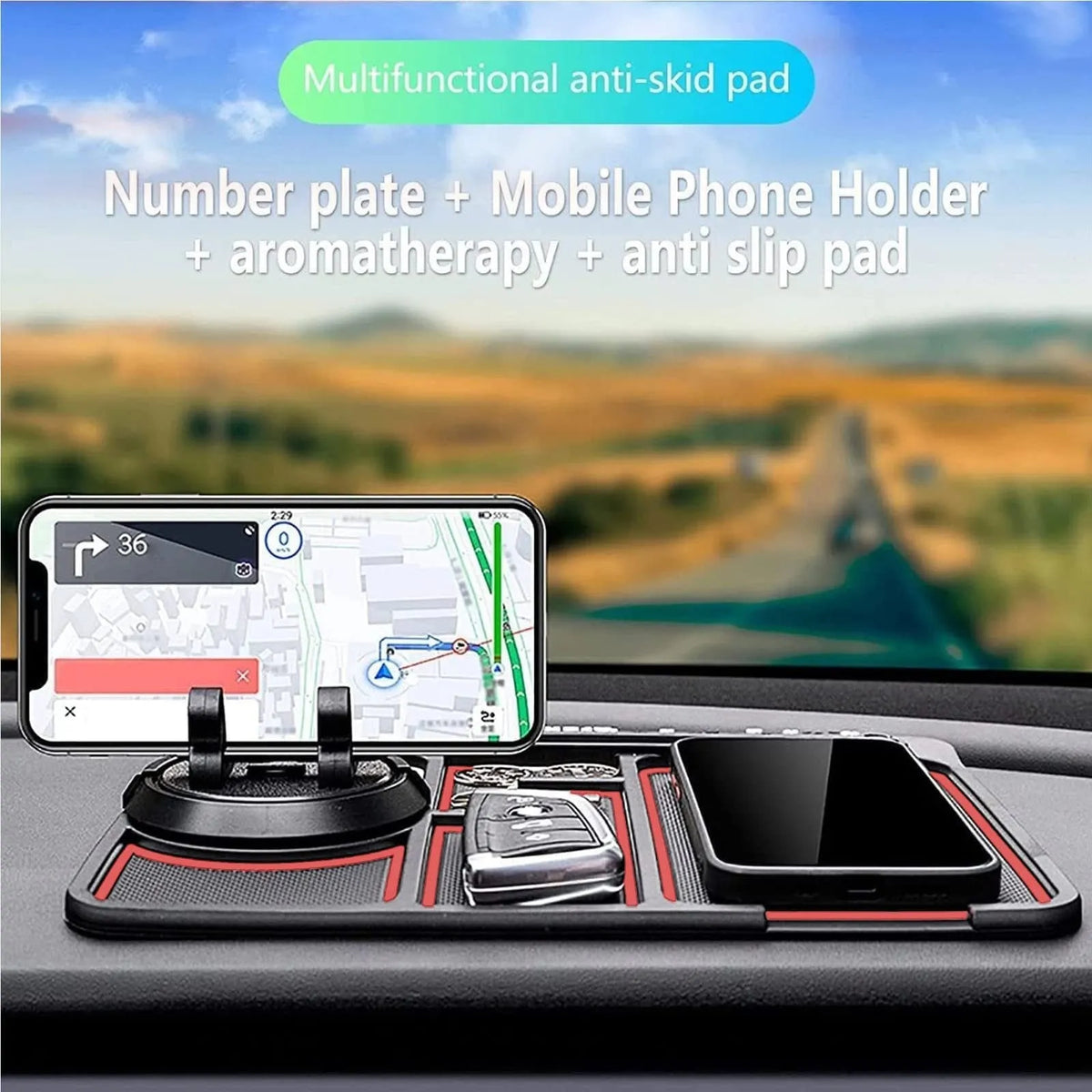 Black non-slip car phone pad with red edge on dashboard, 4-in-1 design with 360 degree rotation, PVC material