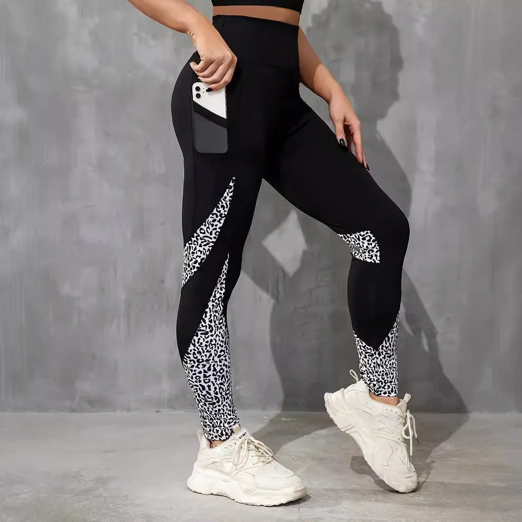 High waist tight sports yoga pants polyester cropped leggings with pocket, black ribbon colour options