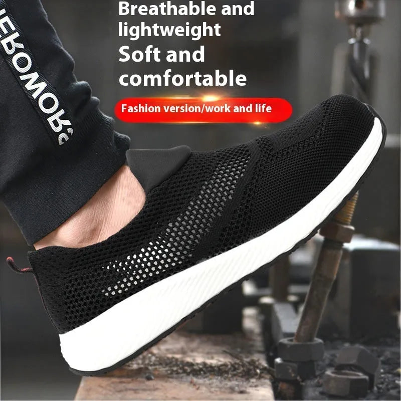 Men's steel toe work shoes with mesh upper in black, blue, and red colour options