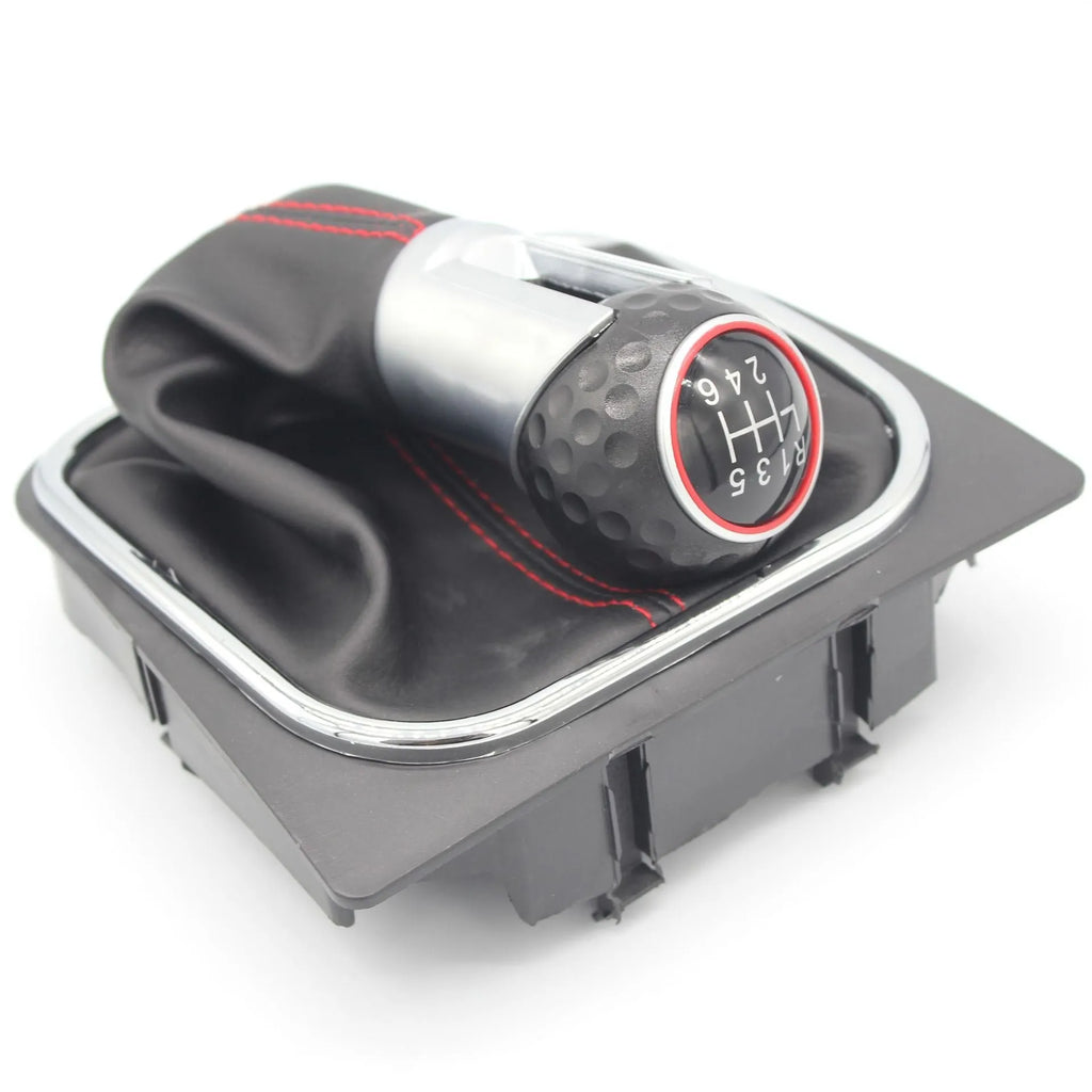 Leather gear knob and dust boot replacement part for Volkswagen Golf 5, Golf 6, and Golf 7 models.