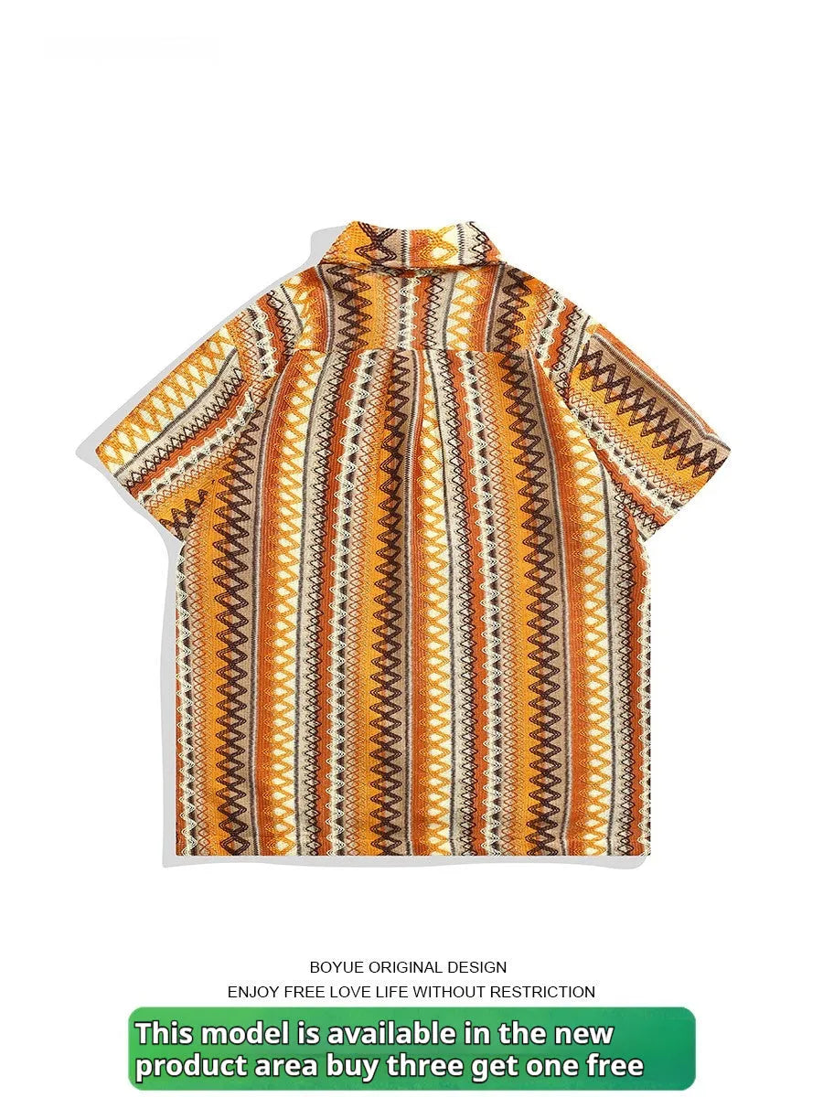 Men's ethnic pattern Cuban collar shirt with contrasting colours in loose fit summer design