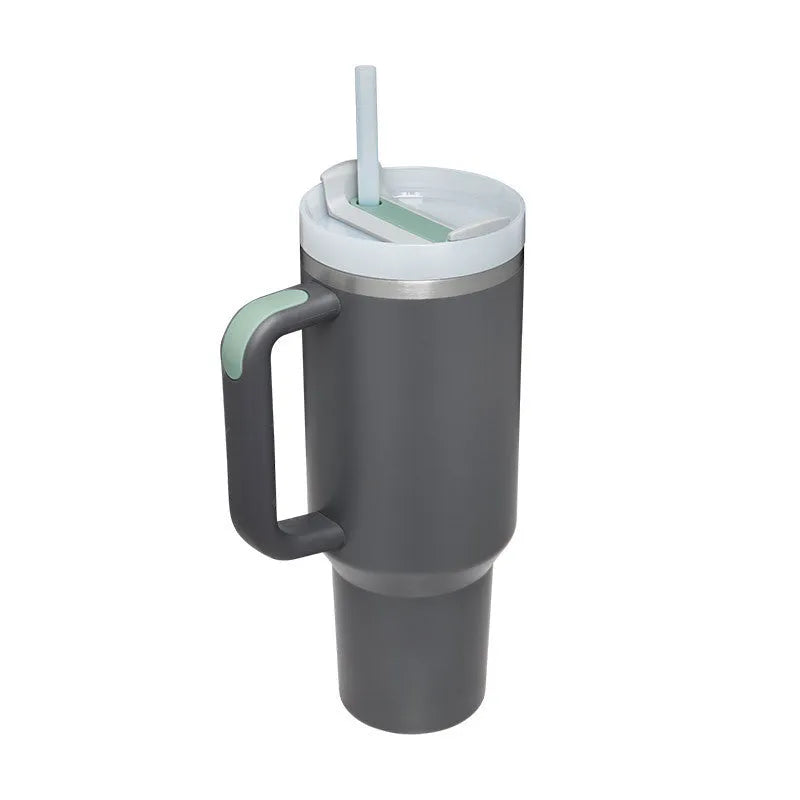 40 oz insulated stainless steel tumbler with handle straw and spill proof lid in a tapered design for car or gym use