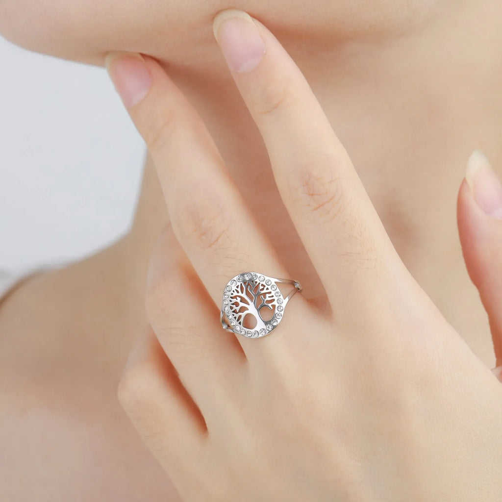 Stainless Steel Spot Drill Hollow Tree Open Ring for Women Men - Adjustable Nature-Inspired Finger Ring in Gold or Steel Colour Electroplated Finish Jewellery Gift