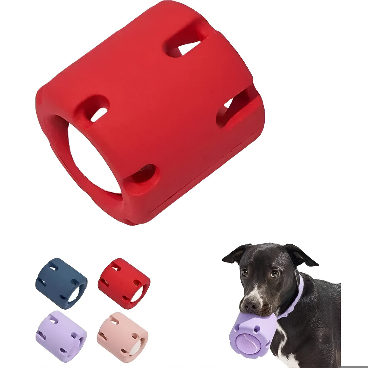 Rubber dog tennis cup toy in six colours, measuring 9.7 x 7.8 x 5cm for fetch play
