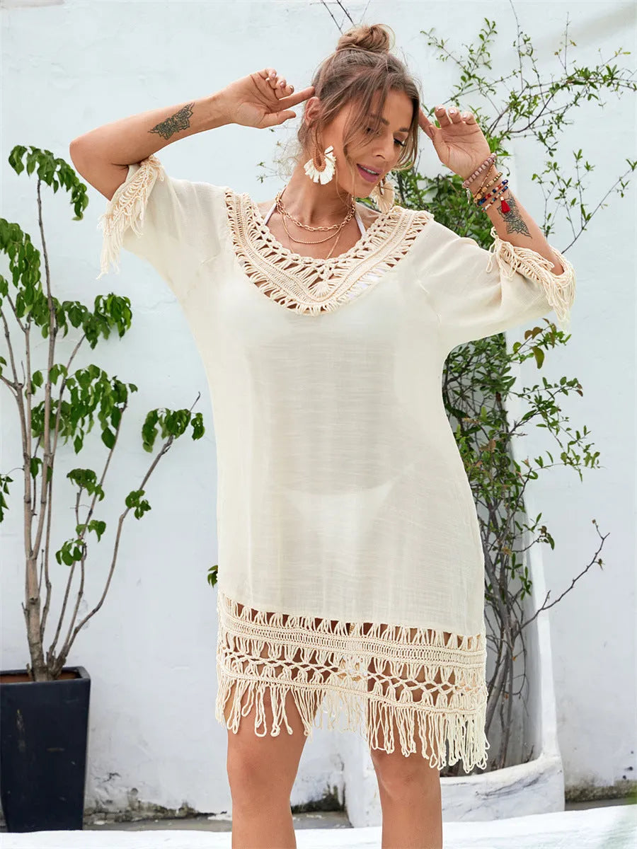 Apricot hand-crocheted acrylic beach dress with polyester lining