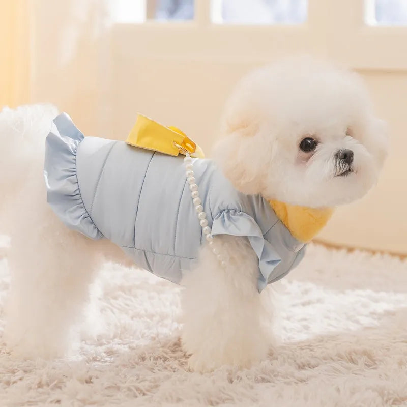 Warm fleece pet skirt for small dogs and cats with built-in D-ring, Blue or Pink, sizes XS to XL
