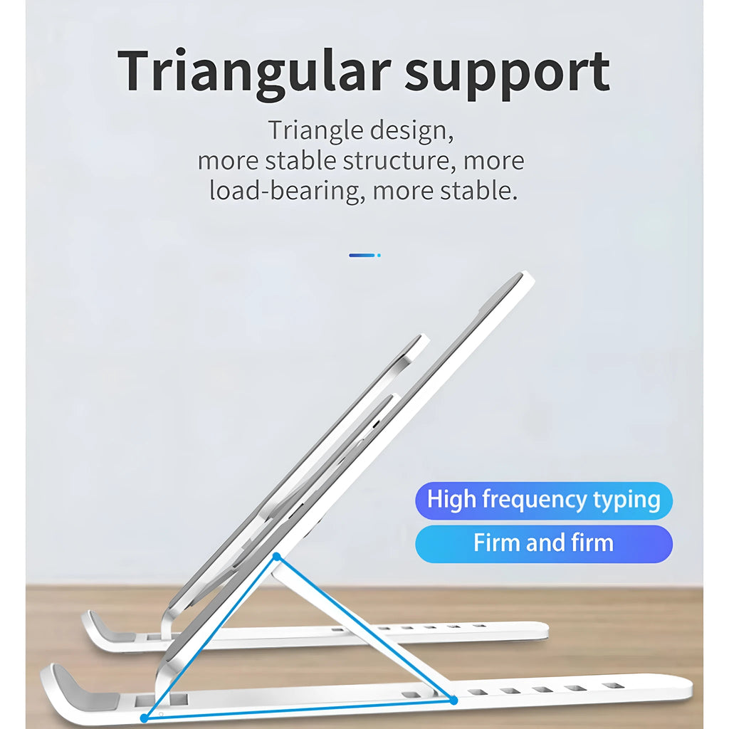 Black adjustable laptop stand with six gear settings, folded for portability, on a desk
