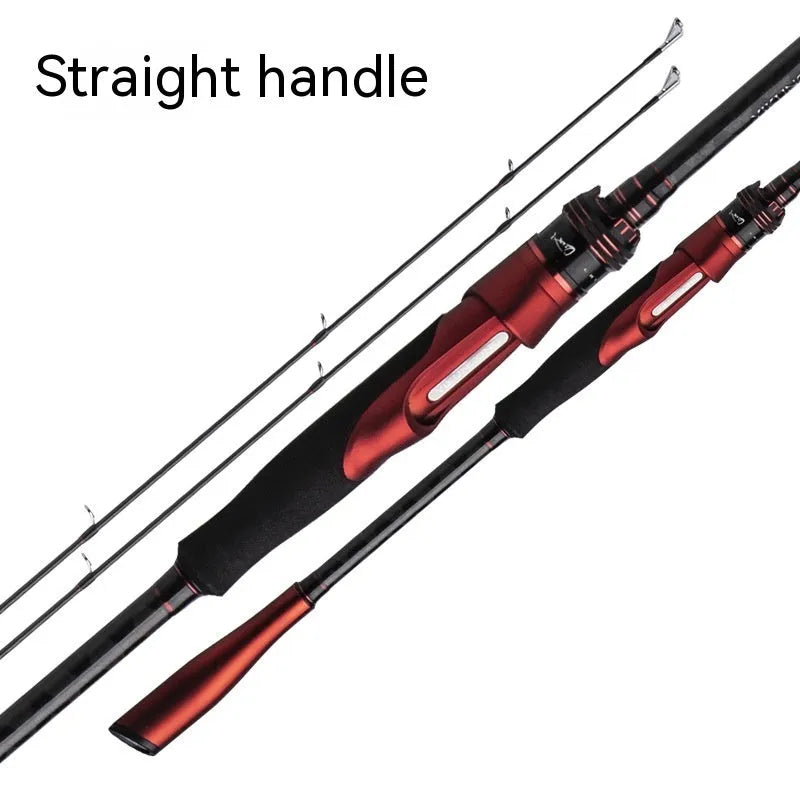 Carbon ultralight fishing rod showing straight handle and pikestaff handle options for lure spinning.