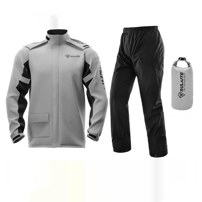 Adult motorcycle waterproof rain suit set showing split-style raincoat and trousers with shoe covers