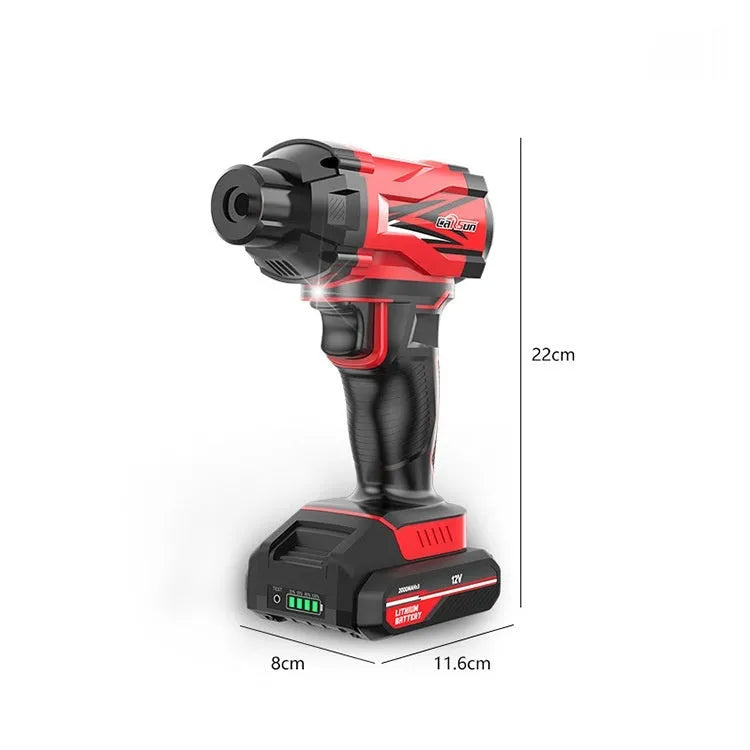 Red and black portable car air pump with digital display, 12V cable, and multiple nozzle attachments