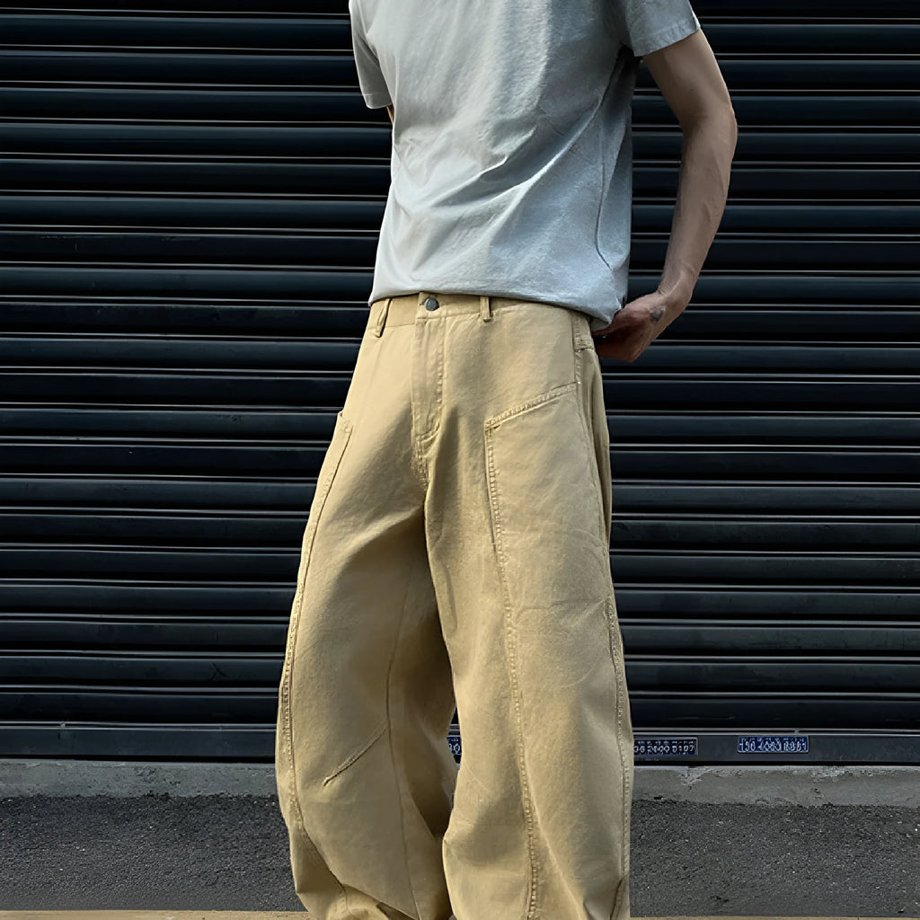 Men's khaki cotton trousers with straight leg cut and American retro styling on hanger