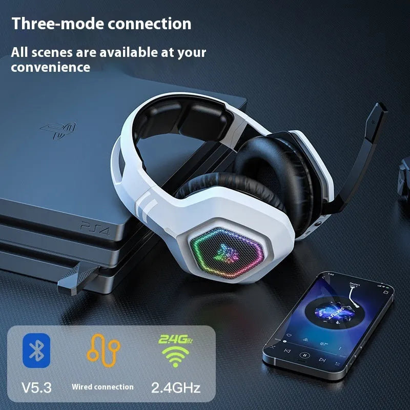 Wireless gaming headset in black or white with RGB luminous design, 2.4G receiver, Bluetooth, 192 x 97 x 200mm PC ABS body