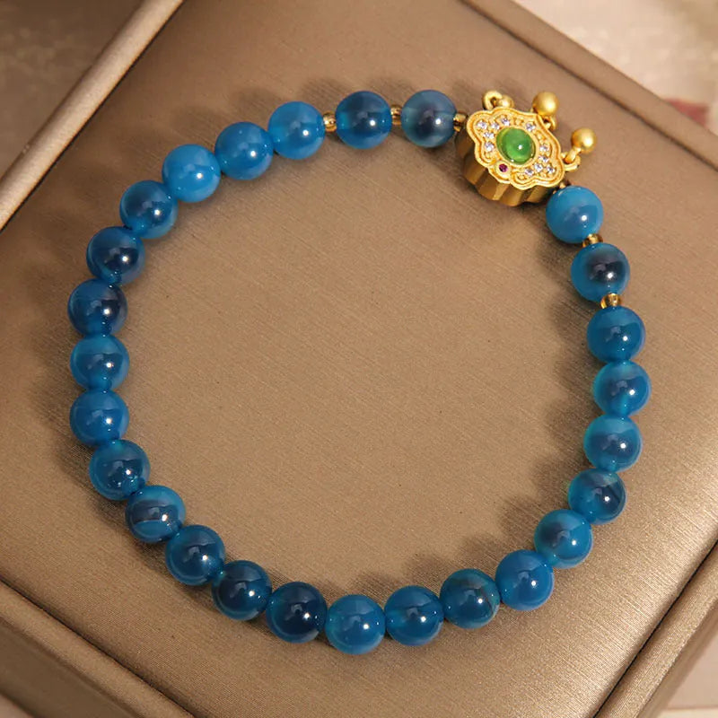 Blue sugar heart agate jade safety lock pendant women's bracelet with rhinestones and alloy inlay