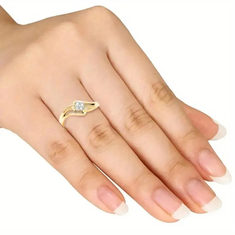 Yellow gold coloured copper diamond ring with geometric design and micro inlaid zircon detail.