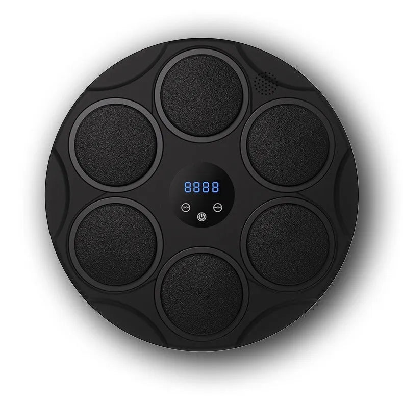 Black smart Bluetooth boxing target with colour-changing LED lights on wall
