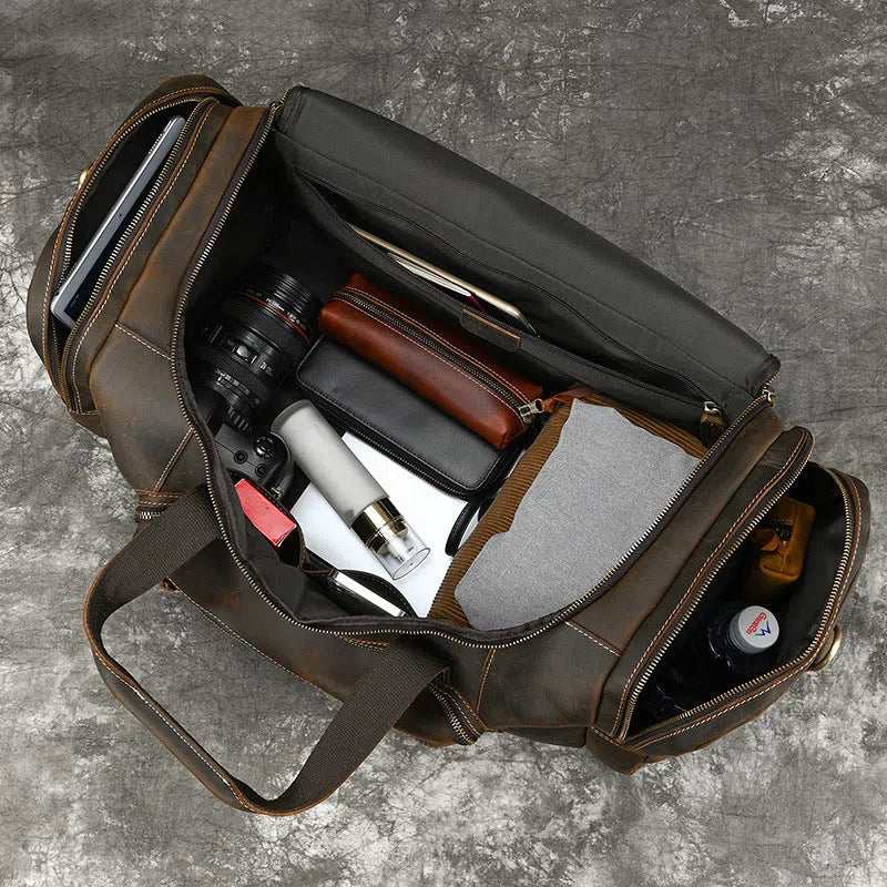 Men's dark brown genuine leather crossbody bag, 22 inches, with stitched seams and adjustable shoulder strap