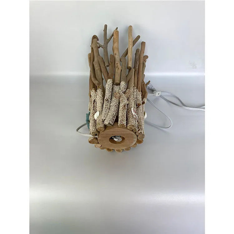 Driftwood decorative table lamp with wood colour finish and 24.5cm square base on a desk
