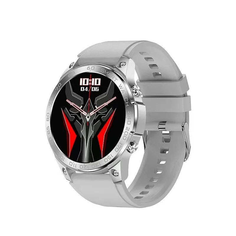 Black Bluetooth smartwatch with round AMOLED screen displaying time, on a silicone strap.