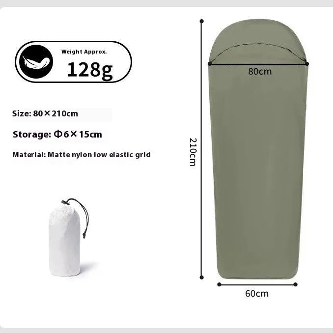 Blue nylon camping sleeping bag with mummy design shown uncompressed to 210cm length