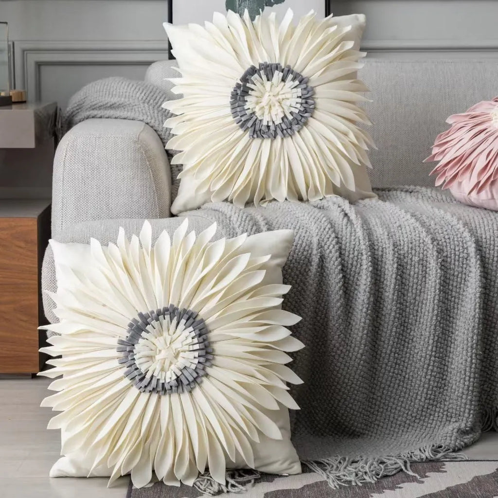 Blue velvet cushion cover with tufted chrysanthemum pattern, 45x45cm, fringed hem