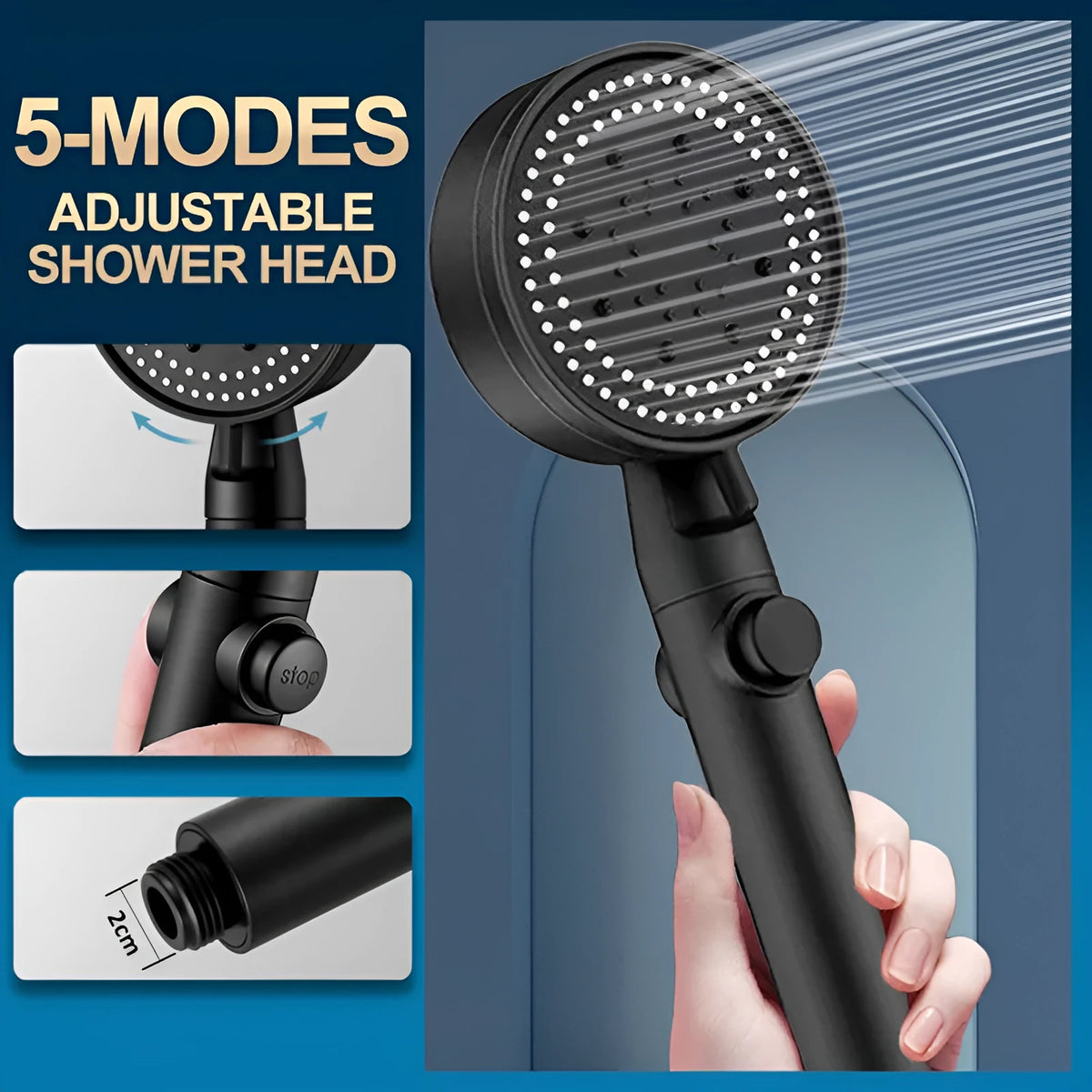 5-speed pressurised ABS shower head with electroplated finish, optional 1.5m encryption tube and punch base