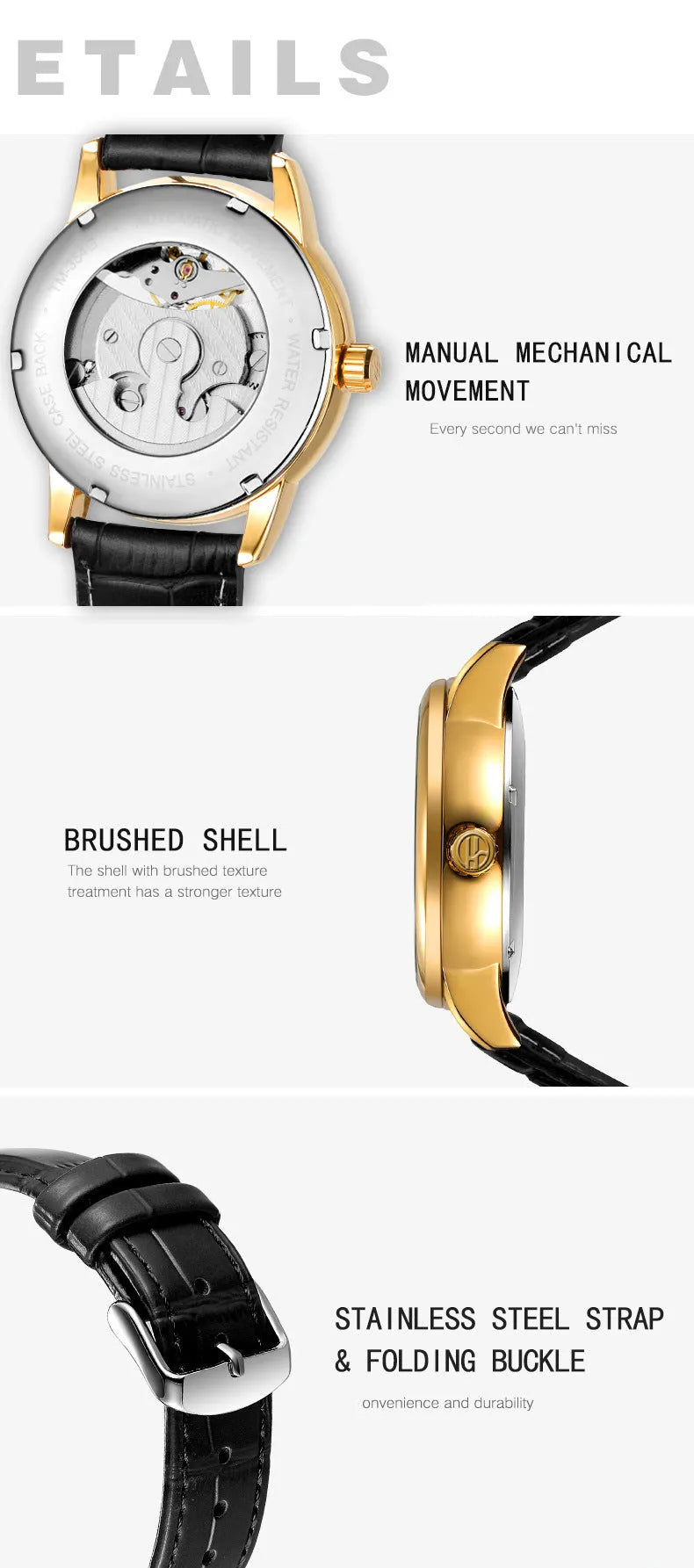 Automatic mechanical watch with hollow moon dial, 13.5mm thick, gold or silver case, black gold blue or white face