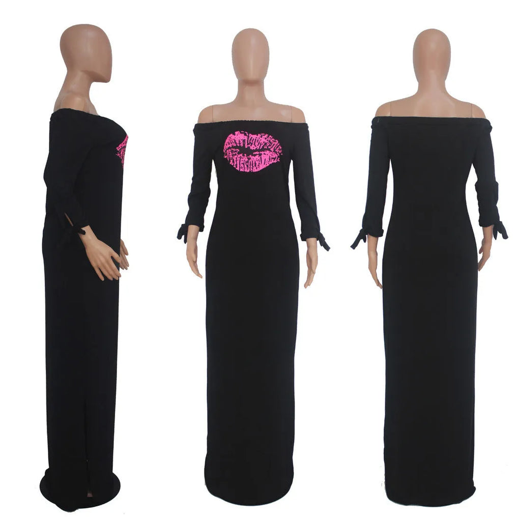 Women's split side lip print cake dress in milk silk fabric, long skirt, black colour, mid waist