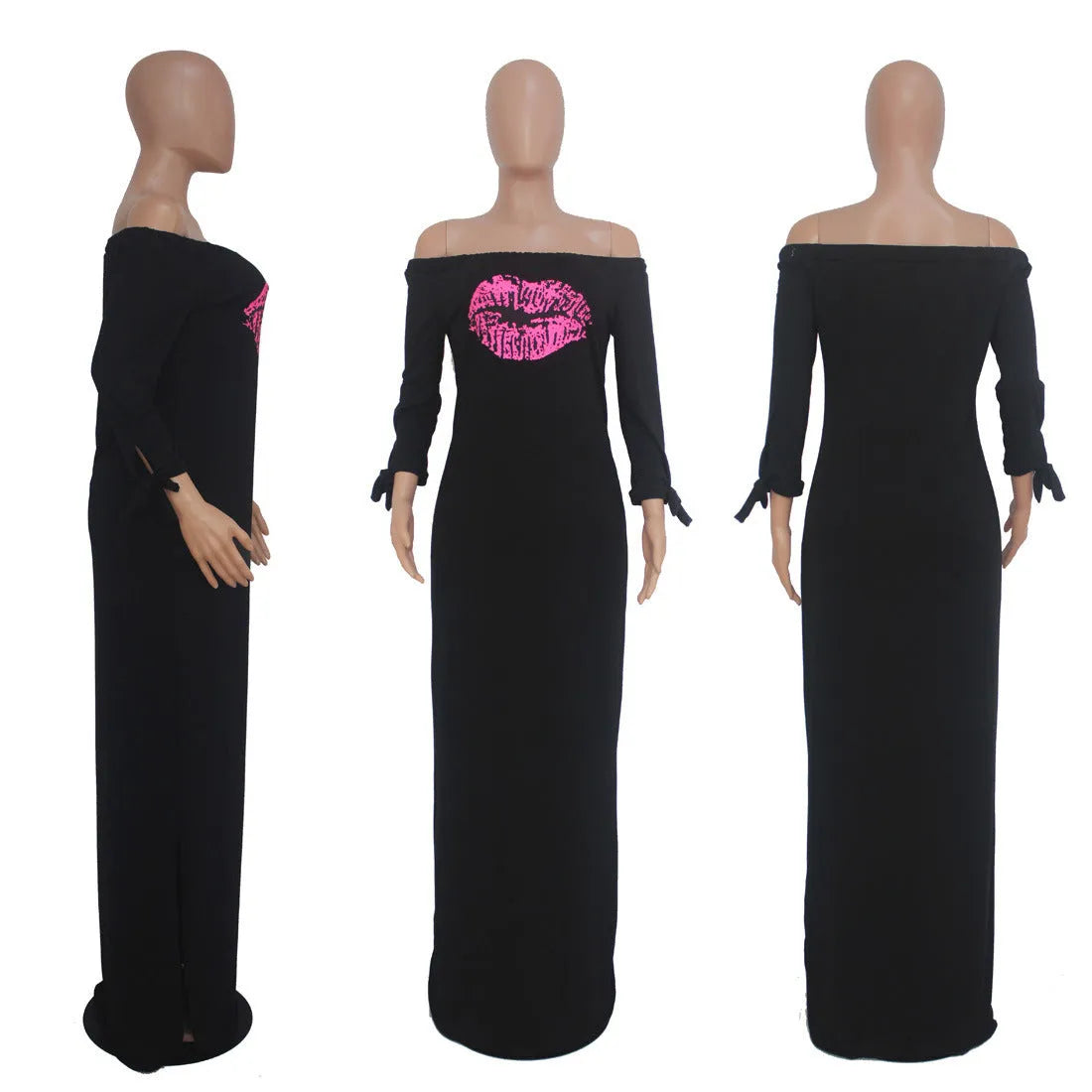 Women's split side lip print cake dress in milk silk fabric, long skirt, black colour, mid waist
