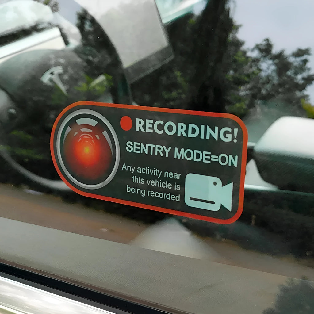 Tesla sentry mode warning sticker, white PVC electrostatic decal measuring 11x5cm