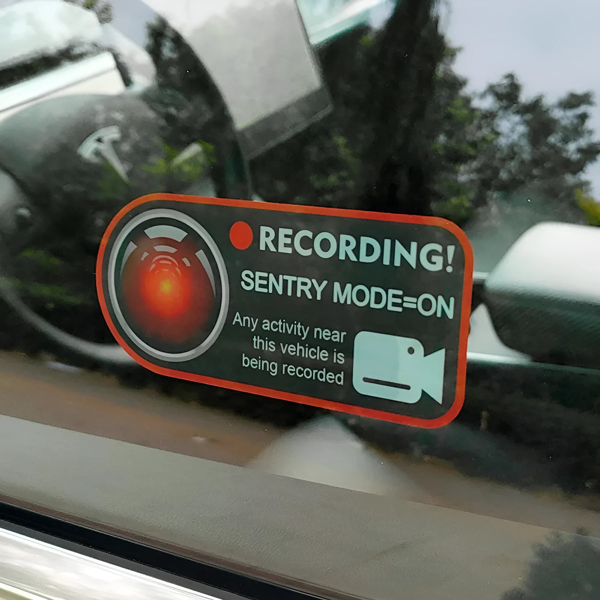 Tesla sentry mode warning sticker, white PVC electrostatic decal measuring 11x5cm