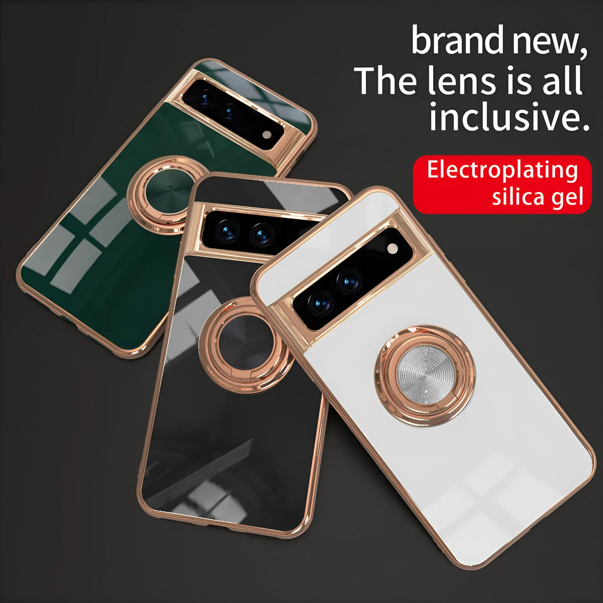 Rotating ring phone case for Google Pixel in electroplated TPU with bracket and anti-fall function, shown in black