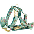 Rose dog collar with green background and detachable cute bow, cloth pet set with leash and vest options
