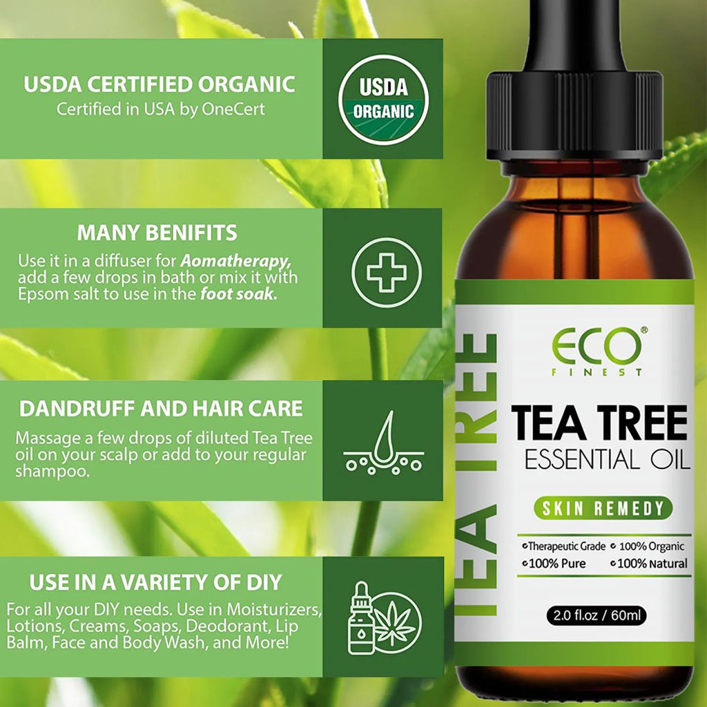 60ml glass bottle of pure tea tree essential oil for topical acne treatment and skin care.