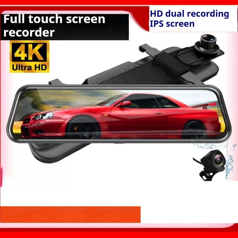 HD 1080p dual lens rearview mirror recorder with 9.66 inch touch screen for front and back video