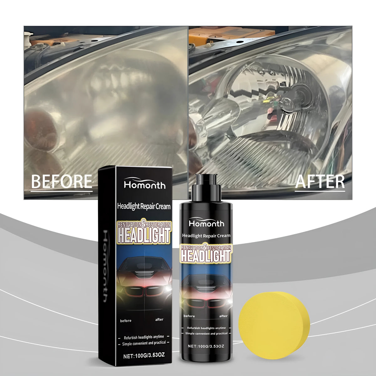 Car headlight scratch repair paste 100g bottle 3.8 x 13.8cm with 6.8 x 2.5 x 6.8cm sponge applicator
