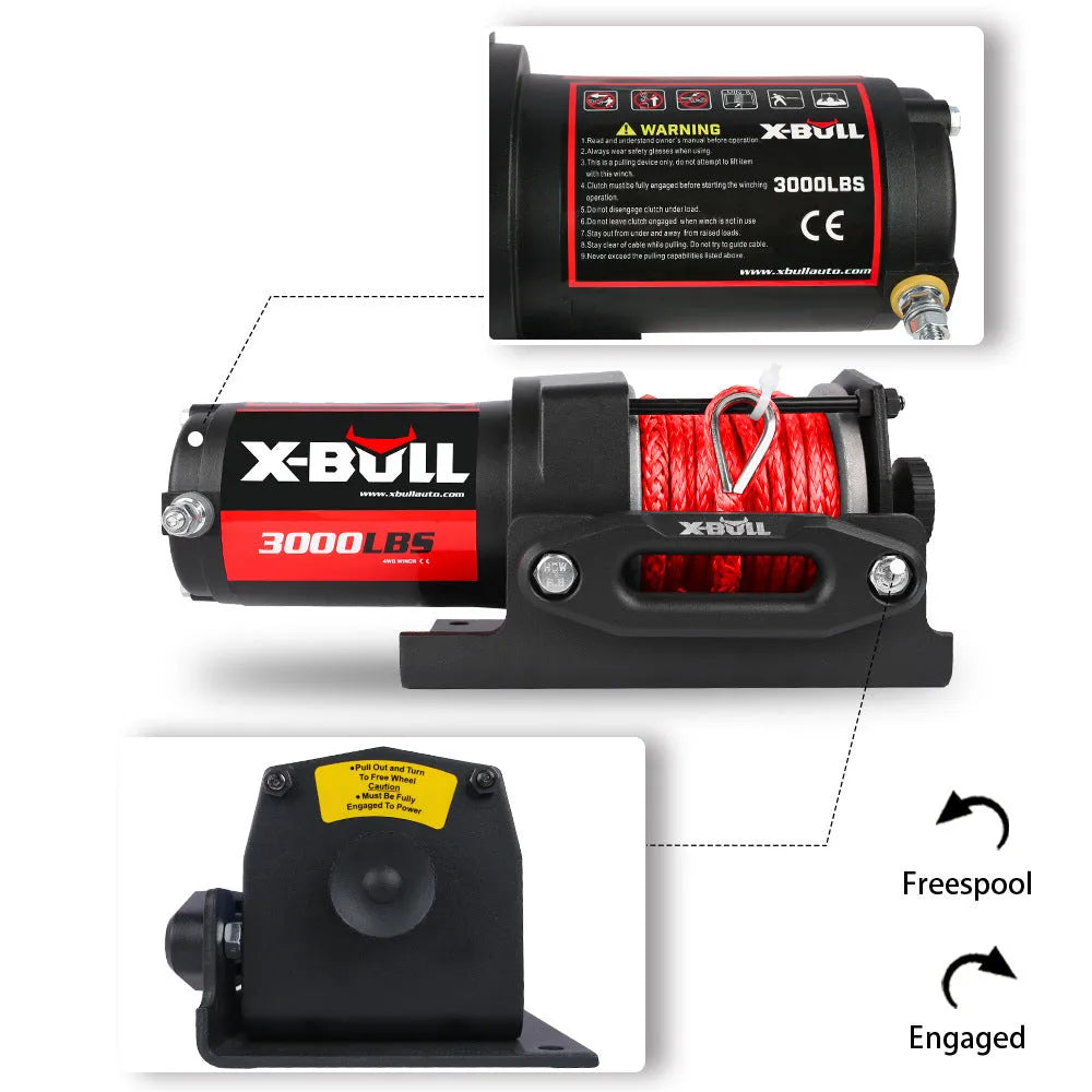 3000 pound electric winch with nylon rope, black, for off-road vehicle recovery, with mounting plate and remote controls