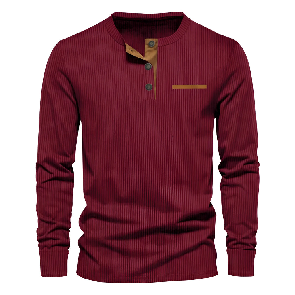 Men's slim fit corduroy henley long sleeve t-shirt in solid colour, available in multiple colours, front view