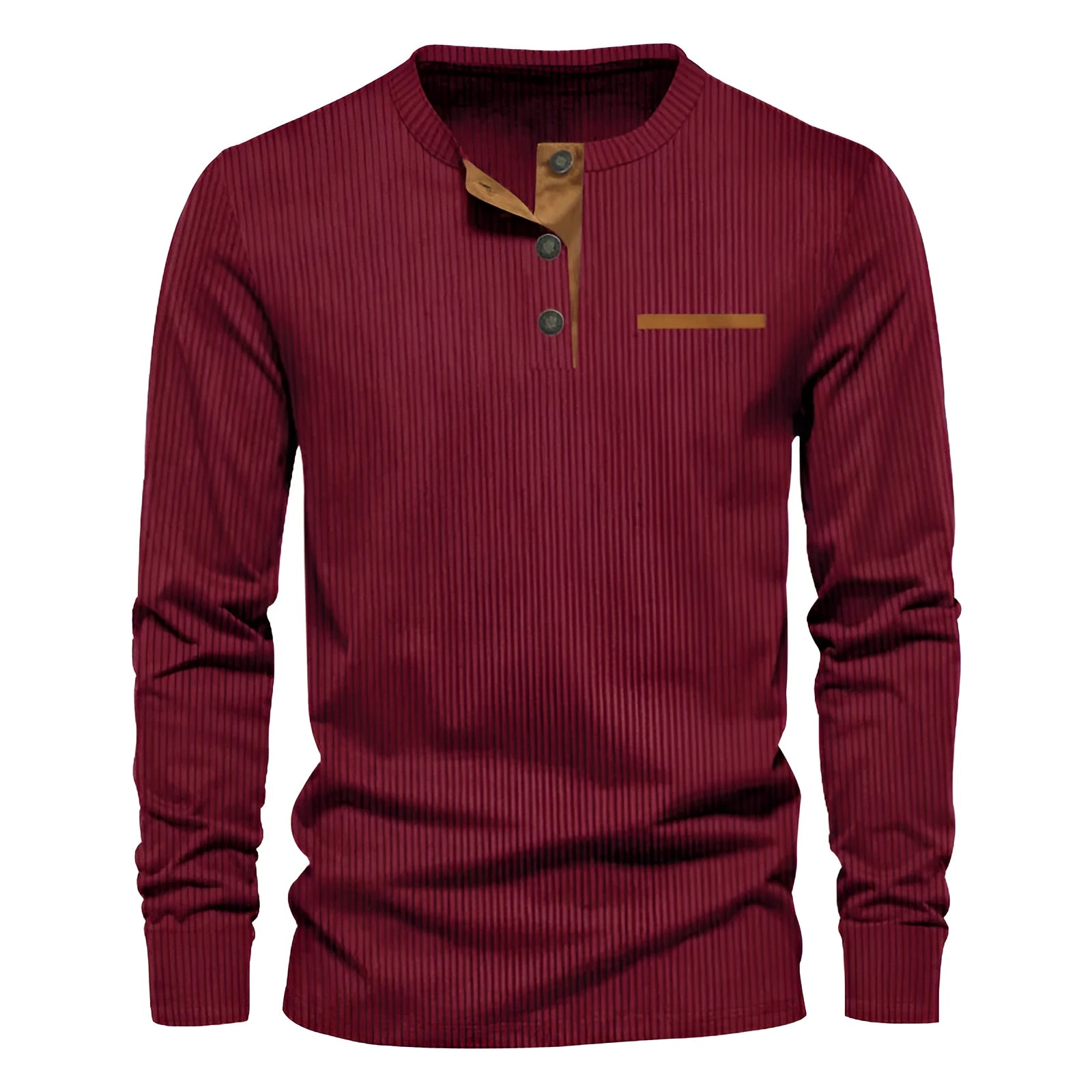 Men's slim fit corduroy henley long sleeve t-shirt in solid colour, available in multiple colours, front view