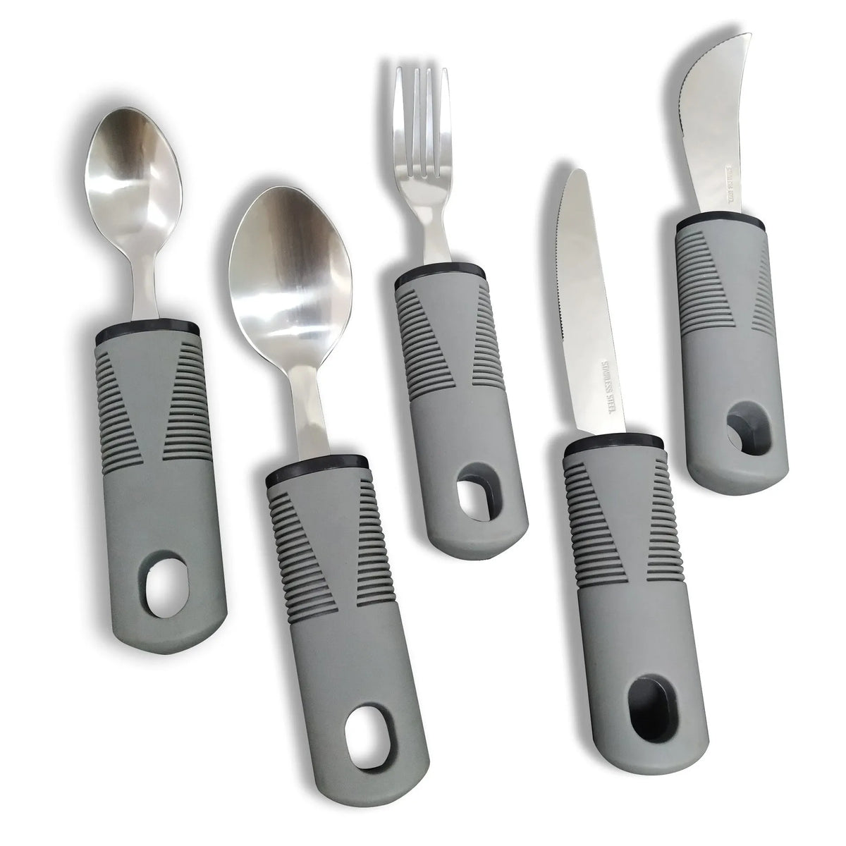 Anti-shake adaptive tableware set with stainless steel utensils and rubber handle grips