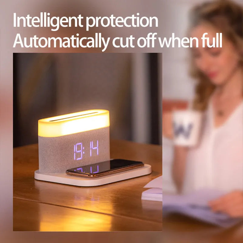 Wireless charging desktop clock night light lamp in black or white glass and ABS construction