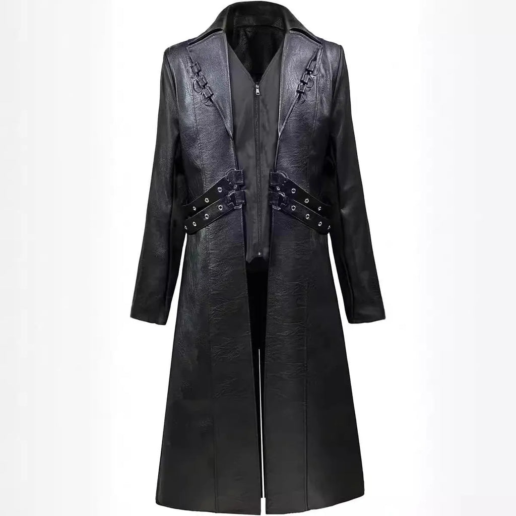 Mid-length black PU leather trench coat with retro medieval style, 65cm body length