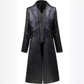 Mid-length black PU leather trench coat with retro medieval style, 65cm body length