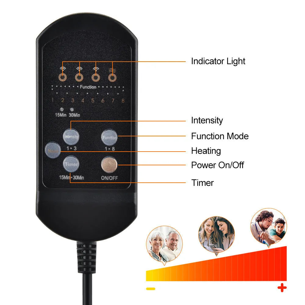 Black AC-powered cervical kneading massager with wireless remote control on flat surface