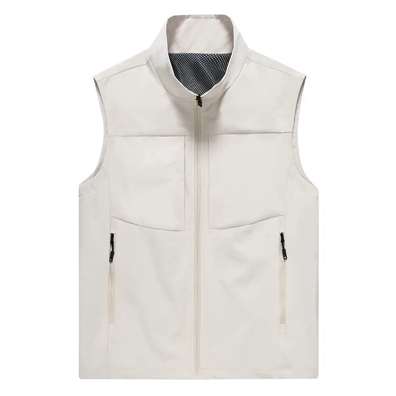 Men's loose-fit casual cardigan vest in army green with a stand collar and zipper pockets.